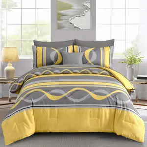 Yellow Comforter Set King Size, 8 Pieces Bed in a Bag Patchwork Striped Boho Soft Microfiber Bedding Set for All Season(104"×90")