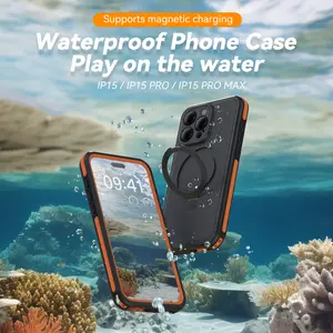 TELESIN Waterproof Case for iPhone 15 Pro Max, full-body shockproof & military-grade protection, MagSafe compatible, sensitive touch, supports waterproof up to 2m for 1h, stylish orange/black design