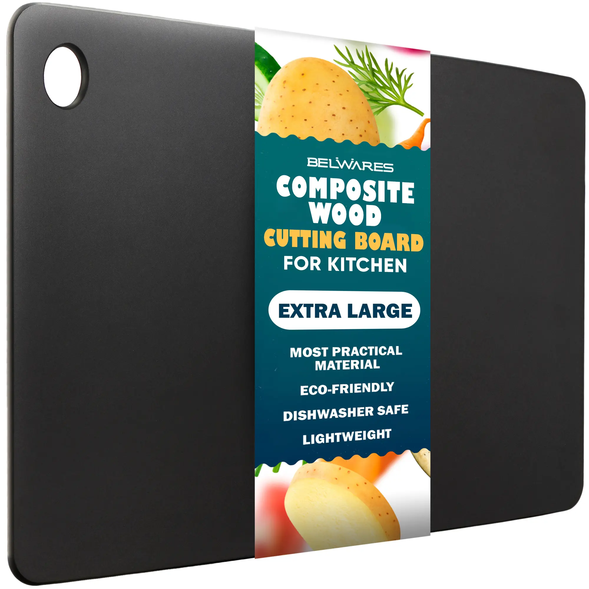 Black Extra Large Composite Wood Fiber Cutting Board - 18 x 12 Inch | Rectangular Chopping Board with Hanging Hole - Dishwasher Safe, Heat-Resistant & Knife-Friendly- Ideal for Bread, Meat, Fruit & Vegetables - Daily Use Kitchen Essential