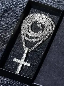 Rhinestone Decorated Cross Pendant & Chain Necklace, Street Style for Party, Daily Decor, Trendy All-match & Exquisite Jewelry for Birthday Gift, Dainty Cross Necklace