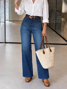 Women's High-Waisted Denim Jeans, Casual Comfortable Wide-Leg Pants, Loose-Fitting Plain Style, Perfect for Everyday Wear Womenswear