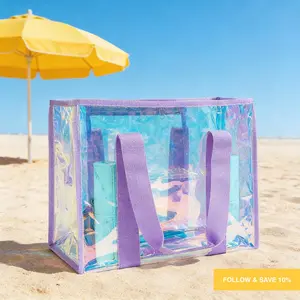 Holographic Purple Jelly Beach Bag Reusable Eco-Friendly Waterproof Sandproof Shoulder Tote with Leakproof Phone Pouch Transparent Crossbody Handbag for Beach Pool Camping Travel Vacation Summer Outdoor Use