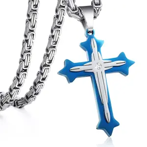Clearance 2-Layer Cross Pendant Necklace Mens Stainless Steel 5mm Byzantine Box Chain with Blue Enamel and CZ Accent