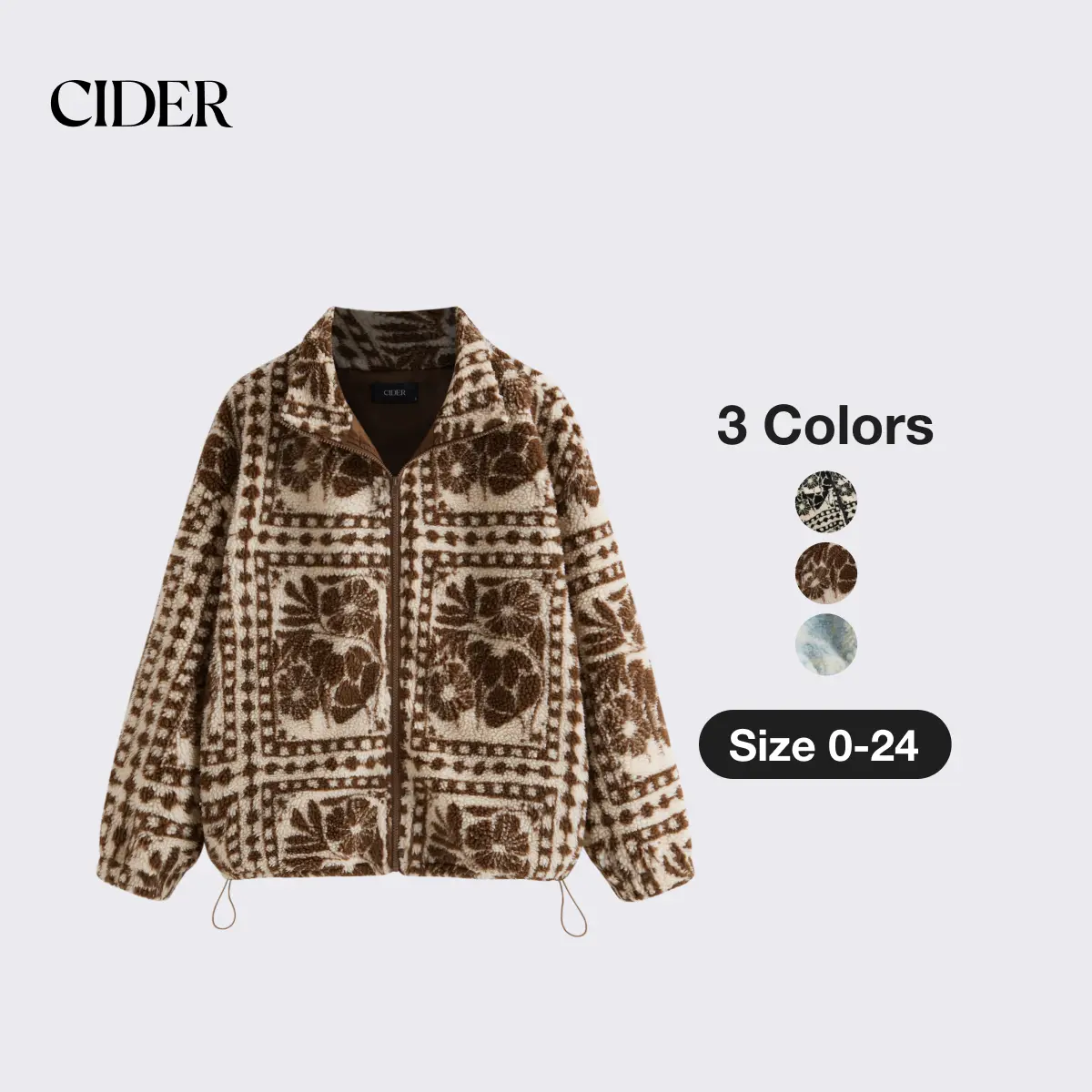 Cider Women's Casual Printed Fleece Jacket, Fitted Drop Shoulder Zip Front Long Sleeve Outerwear Tops, Coats