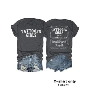 Women's Tattooed Girls Print Round Neck Tee, Vintage Trendy Casual Chic Minimalist Short Sleeve T-shirt for Daily Wear, Ladies Summer, Top, Streetwear, Womenswear