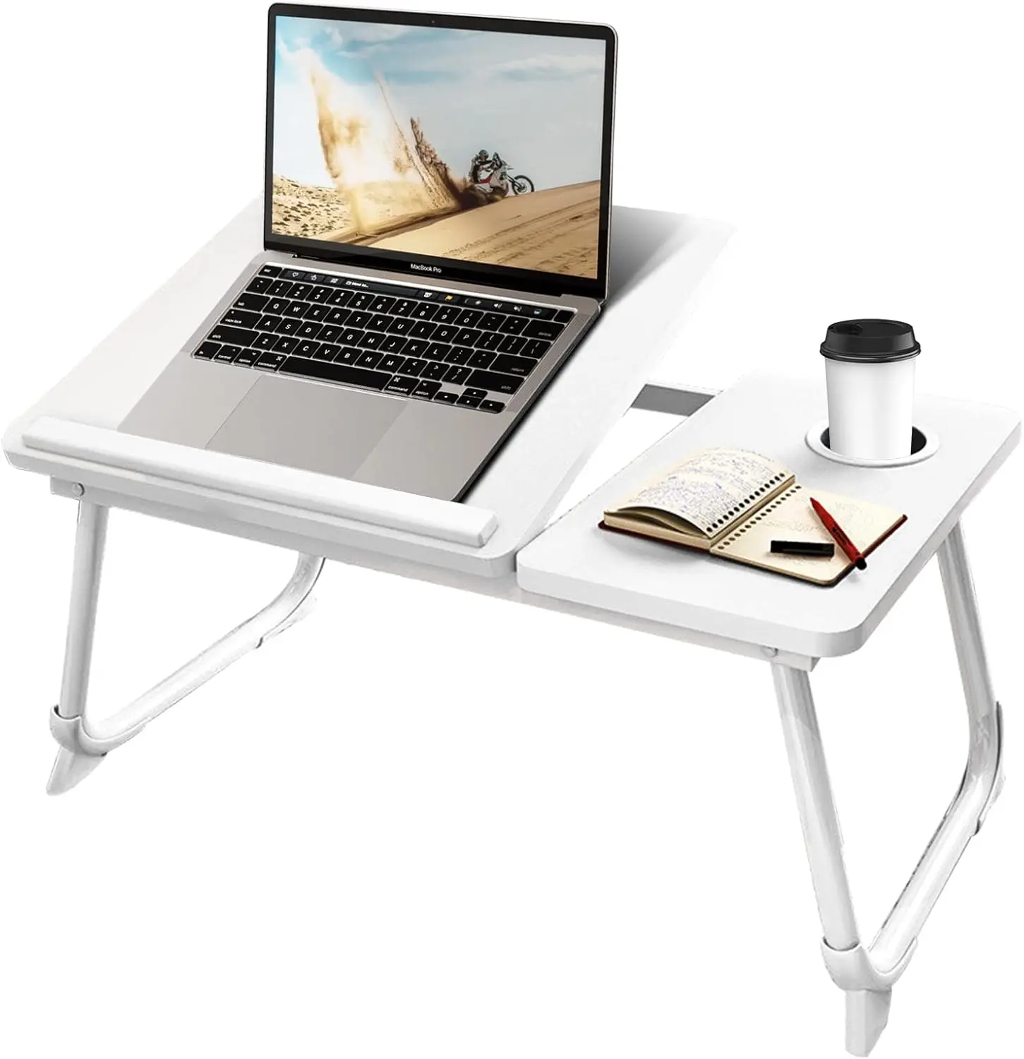 Laptop Desk for Bed or Couch, Lap Desk, Woking in Bed Desk, Home Office Desks, Breakfast Tray, Desk with Cup Holder, Watching Movies in Bed, Laptop Stand for Bed, Fordable Legs Desk (white) remote worker tablet slot Ergonomic Computer Workstation