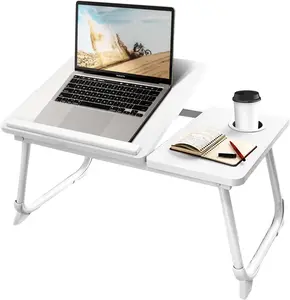 Laptop Desk for Bed or Couch, Lap Desk, Woking in Bed Desk, Home Office Desks, Breakfast Tray, Desk with Cup Holder, Watching Movies in Bed, Laptop Stand for Bed, Fordable Legs Desk (white) remote worker tablet slot