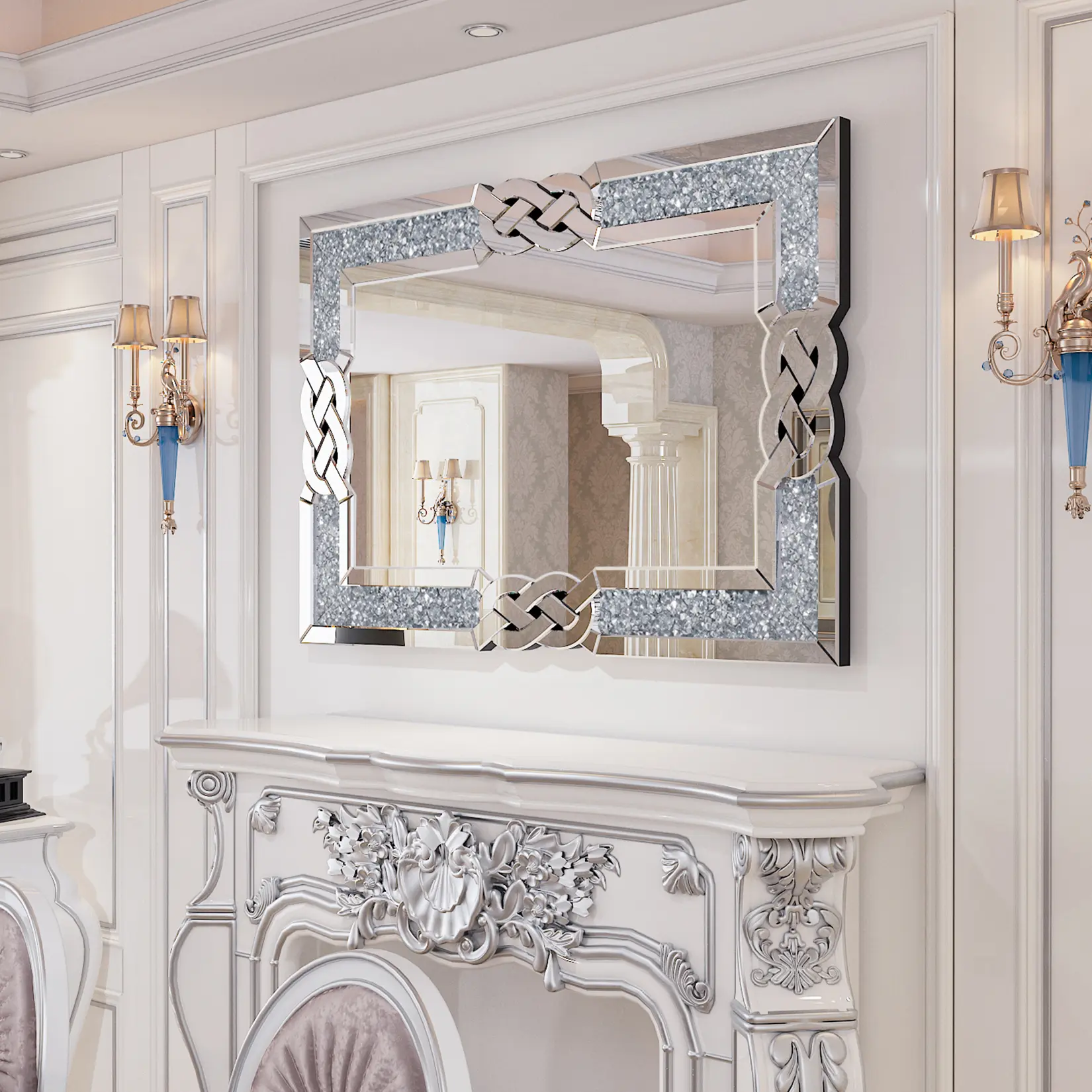 Horizontal Rectangle Crystal Wall Mirror - Glass Surface, MDF Frame, Diamond-Inlay Bling Decor, Enhanced Reflection, Hanging Wall-Mount, Modern Glam Accent for Interior Room Decor Matching Personal Style