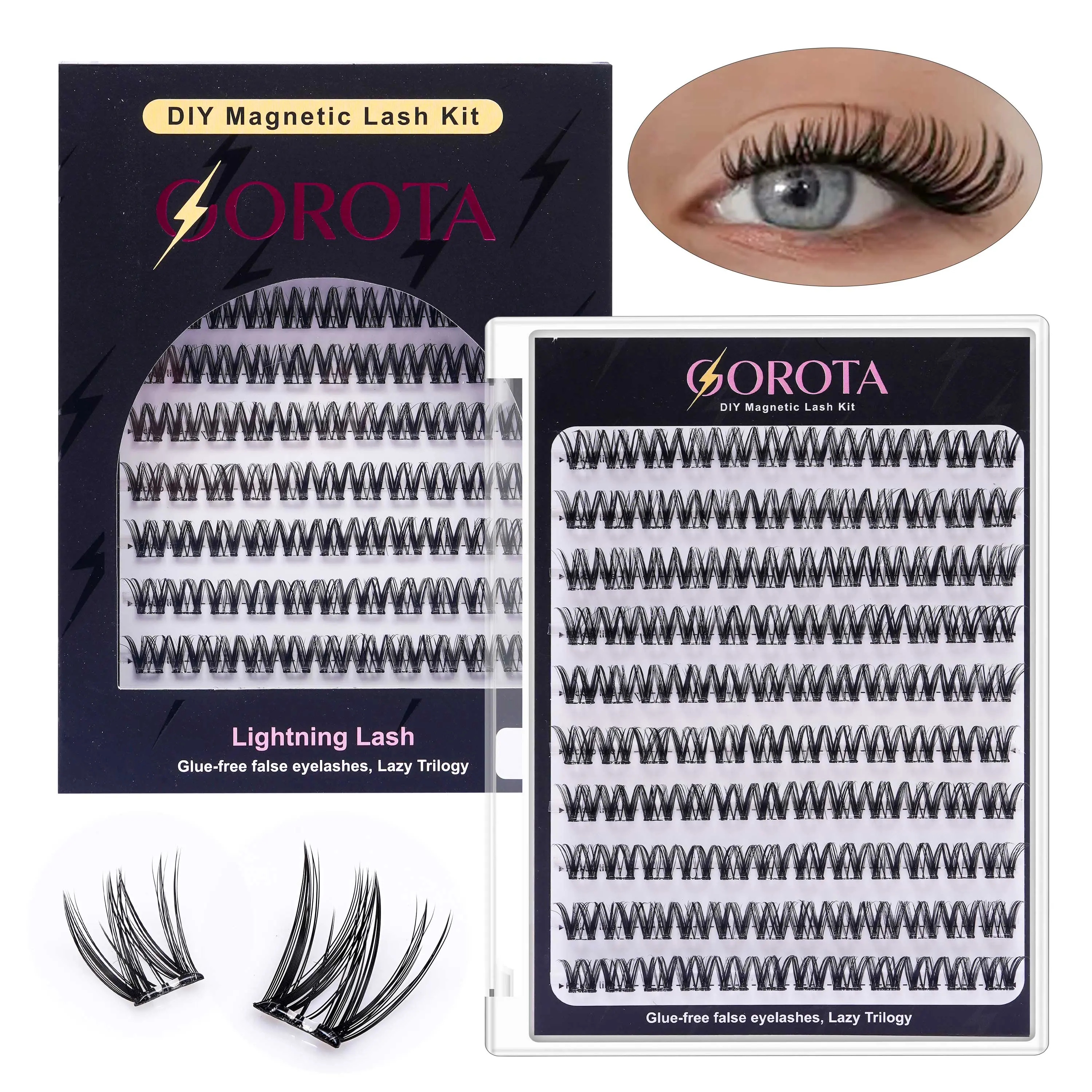 12 mm, 120 clusters, dense and voluminous no-glue segmented false eyelashes that self-adhere—no glue needed for DIY segment lash application.