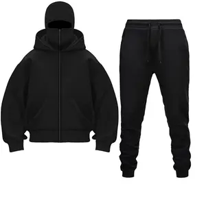 Balaclava Jacket and Sweatpants Set, Zip Up, Fashion Double Layer Hoodie, Casual Jogger Pants, Hip Hop Outerwear, Y2K Style Clothing, Suitable for Men and Women