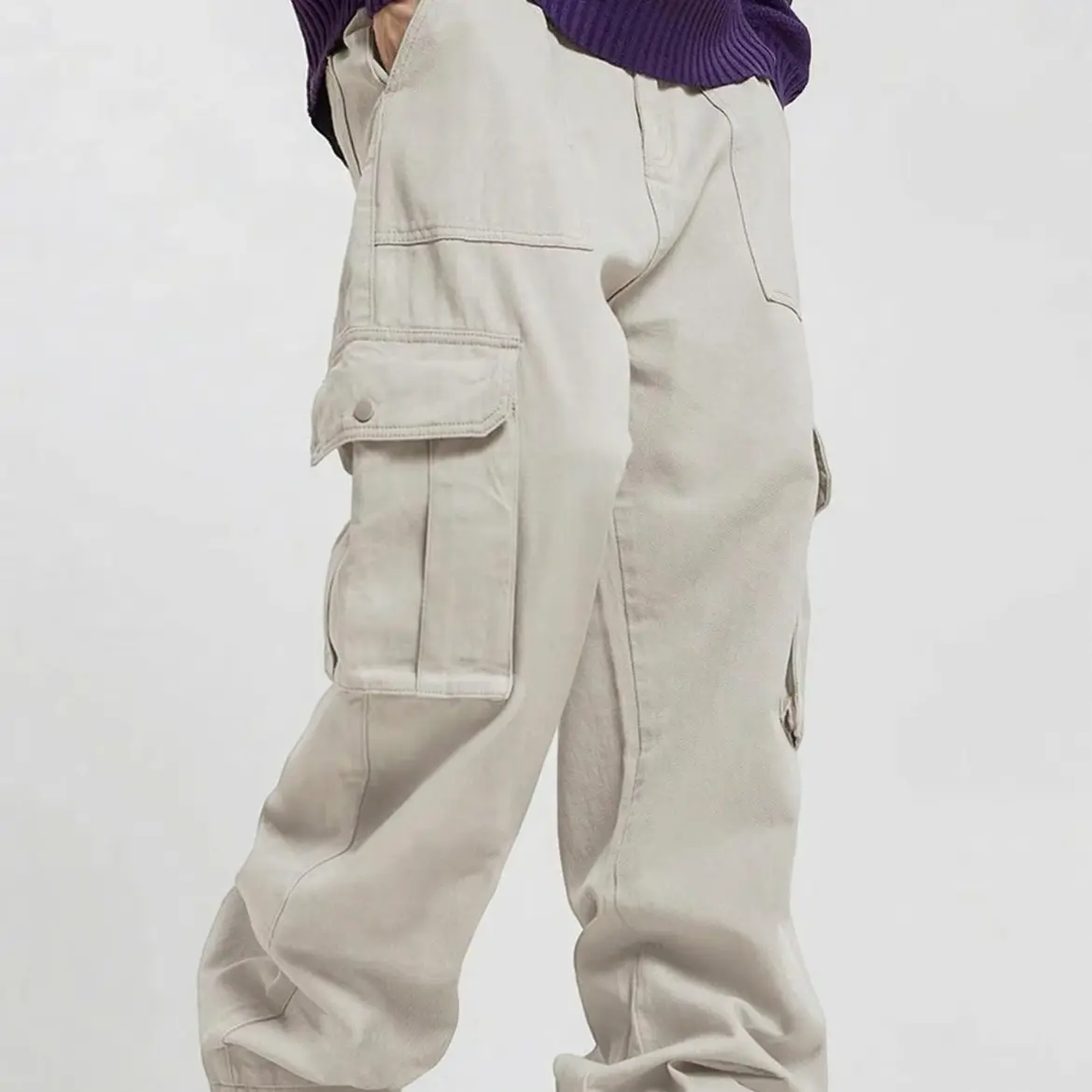 Men's vintage baggy Cargo Pants, Casual Plain Loose Baggy Streetwear Multi-pocket Trousers Menswear Outfit Beige