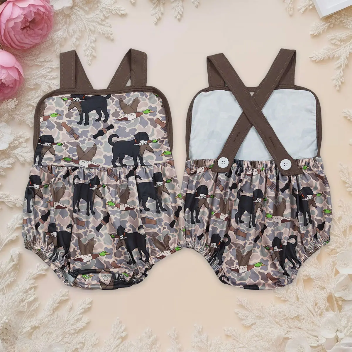 Unisex Infant Bubble Romper | Cute Reversible Cotton-Blend with Birds & Deer Hunting Camo Print, Adjustable Straps, Bodysuit, Elastane, Holiday, Bubble Rompers, Fitted, Criss Cross