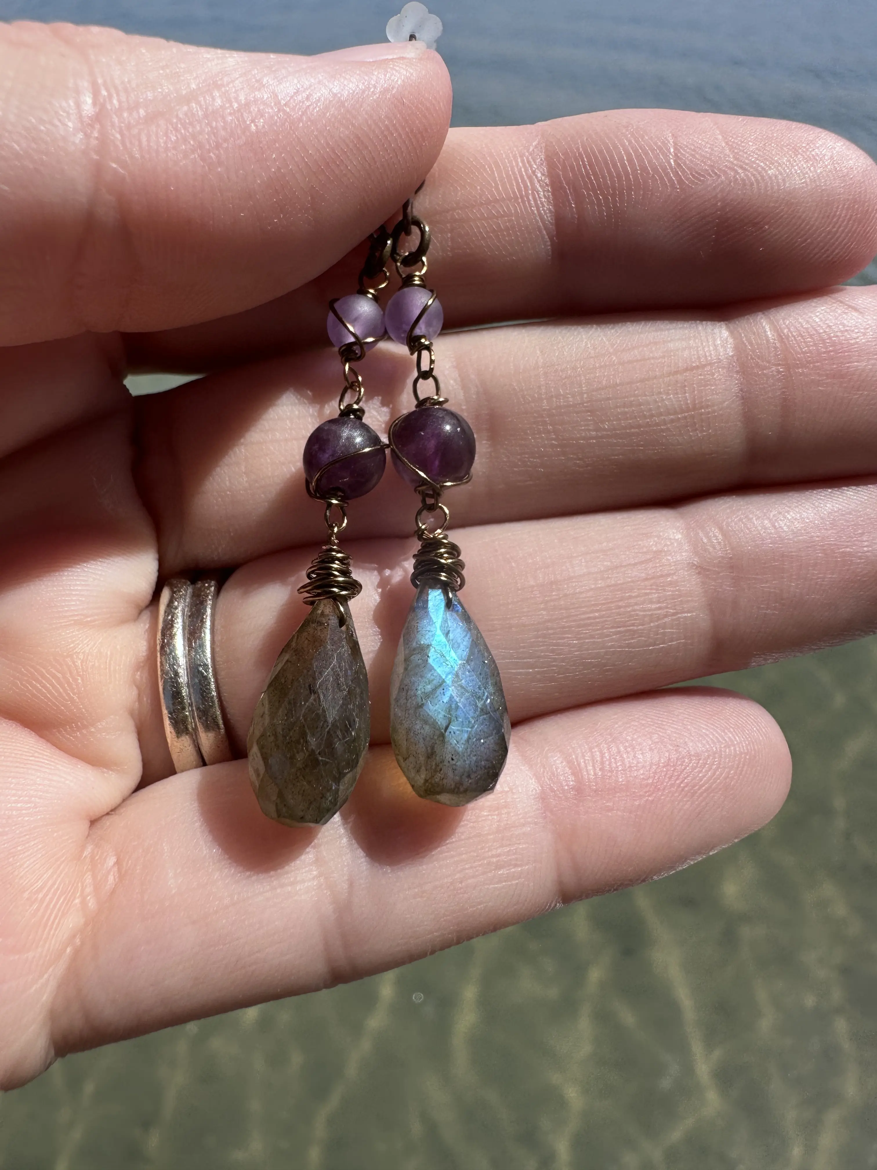 Psychic Protection + Spiritual Protection Labradorite with Lepidolite & Amethyst Crystal Healing Dangle Earrings