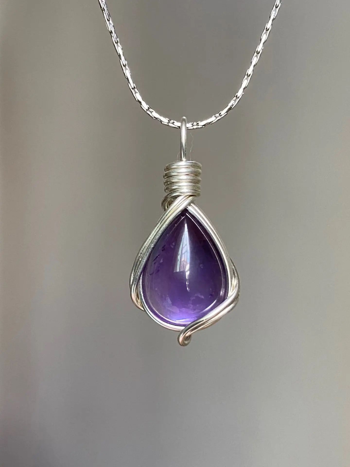 Women's Bohemian Feng Shui Teardrop Amethyst Pendant Necklace, Gems Necklace, Handmade Woven, Healing Crystal Jewelry for Clarity and Inner Peace, Droplet Pendant