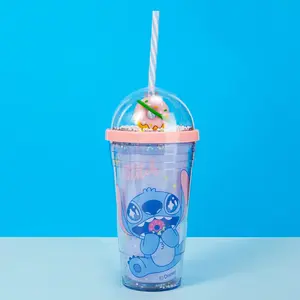 Disney Stitch Donut - Themed Double - Layer Straw Plastic Cup (480ml，16.23oz) for Party, Picnic & Daily Sips! Bottle Tumbler  springtok,cozyvibes