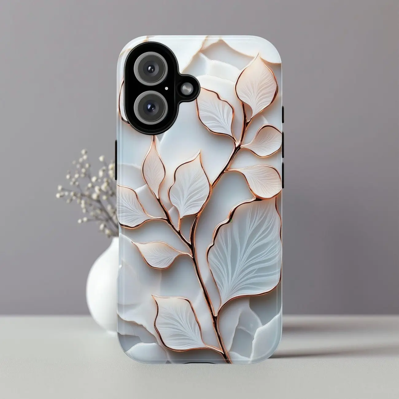 White and Gold Leaf Phone Case – Elegant Aesthetic Applicable to iP15Promax ip14Pro mobile phone case 12 trendy brand 13 anti-fall cover 14Promax 15Pro cute Plus phonecase Accessories Acrylic casetify