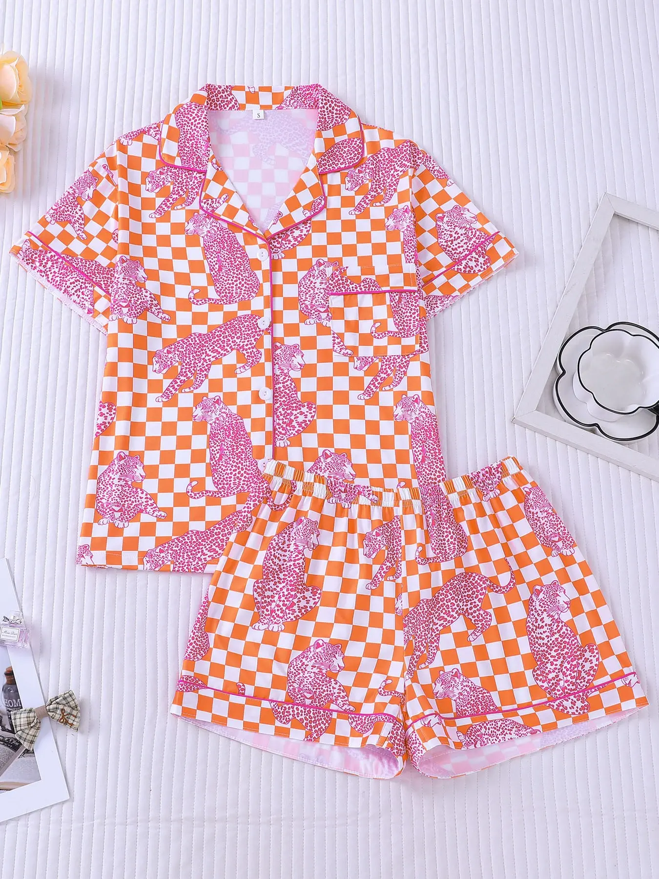 Women's 2-Piece Orange & White Checkerboard Pink Leopard Print Pajama Set, Lounge Pajama Style, Loungewear with Pink Piping, Short Sleeve Lapel Top with Small Pocket & Elastic Waist Shorts, Soft Comfy All-Season Sleepwear