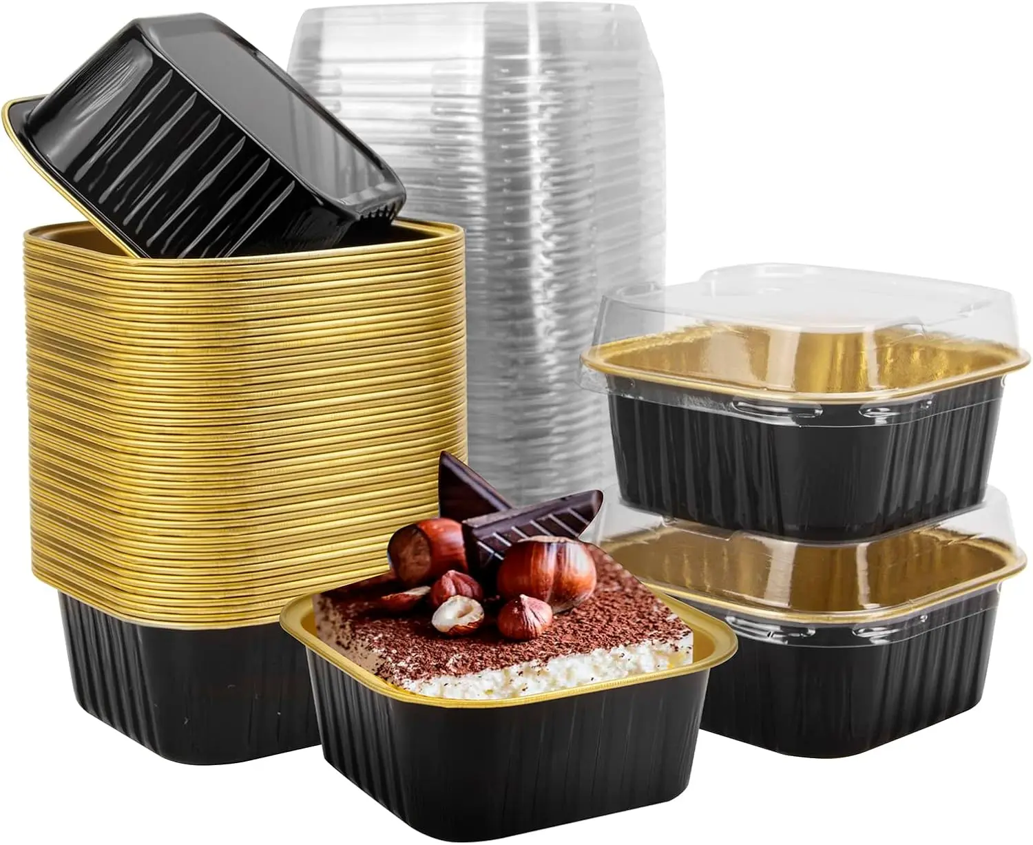 50 pcs 10oz aluminum foil mini square baking cup cake box with lid, disposable cake container for tiramisu, mousse, and chocolate cakes, suitable for home roasters, cafes, and party dessert displays
