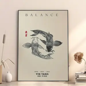 Vintage Japanese Ink Art Poster, Yin Yang Koi Fish Design, Wall Art Canvas Print, Modern Home Decor for Bedroom Living Room Office Bathroom