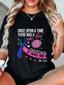 100% Cotton Unisex Printed Round Neck Short Sleeve T-Shirt Thyroid Cancer Fight Cancer Ribbon T-Shirt