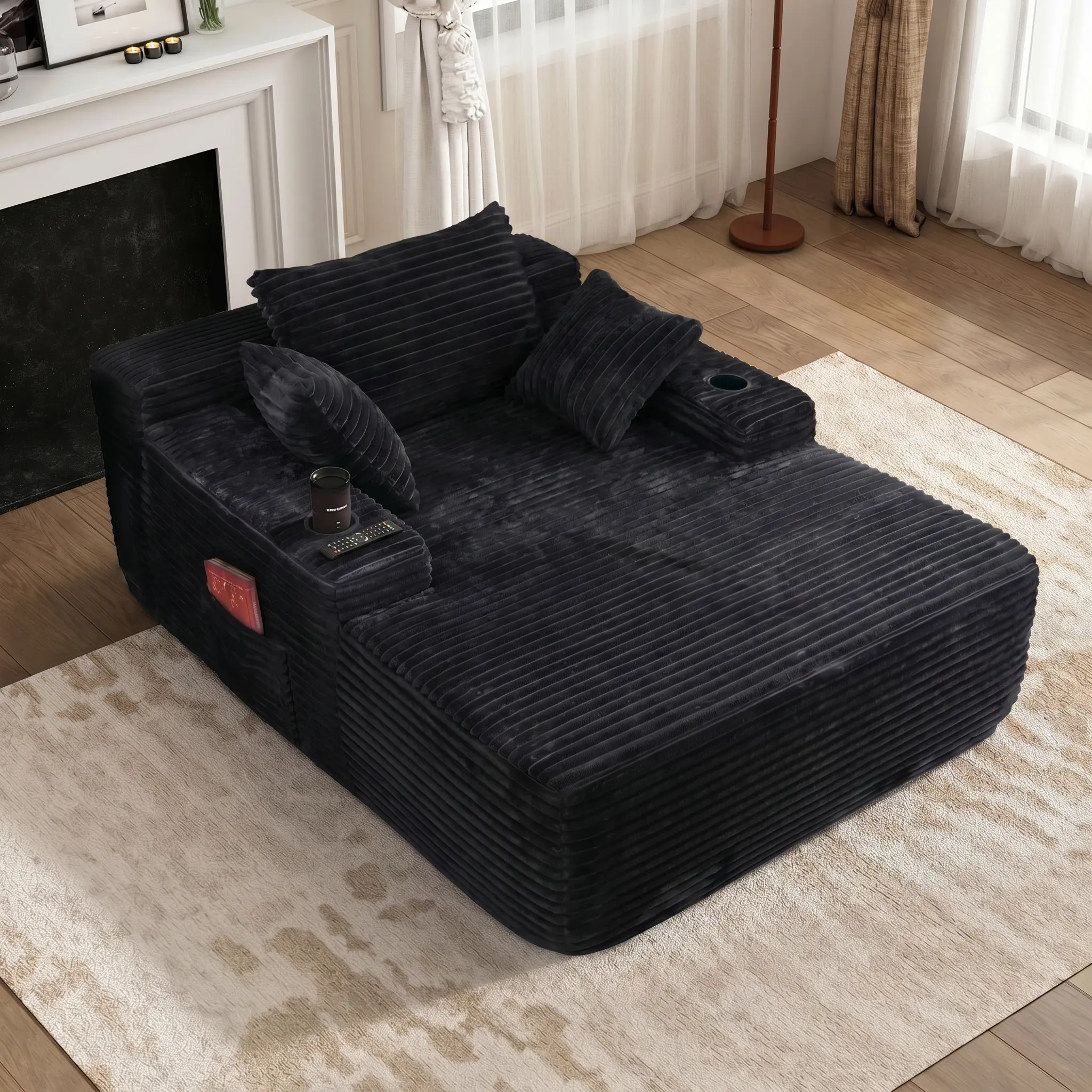 YOMSUM Boneless Sectional Cloud Couch Bed with Chaise Lounge - Plush Corduroy Apartment Furniture, 1200lbs Capacity, Cup Holder, Storage, No Assembly, Included Pillows, Bean Bag Chair Comfort, Living Room Sofa