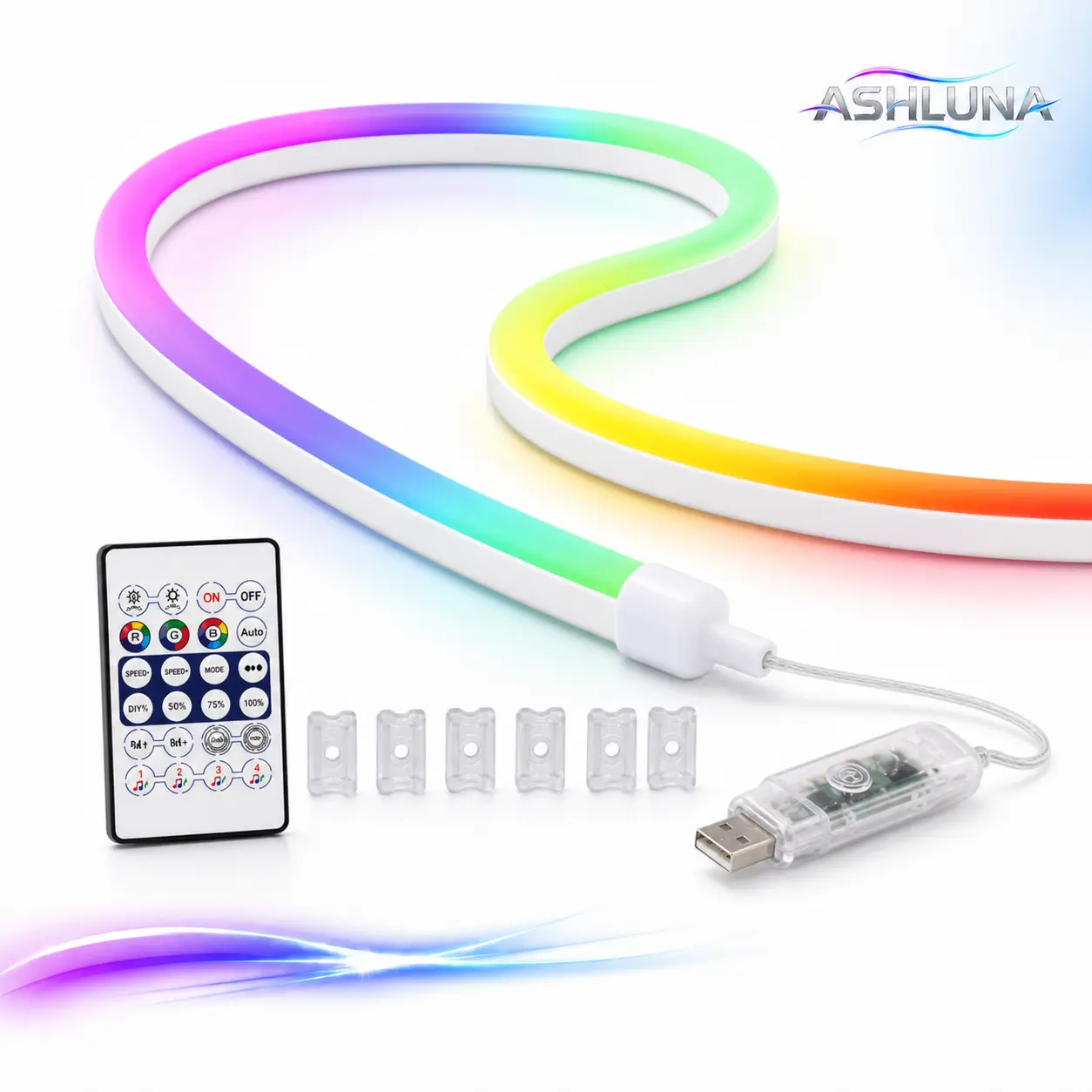 ASHLUNA 16.4FT RGBIC Neon Rope Light with App and Remote, Music Sync, USB Powered Flexible Gaming Room Light