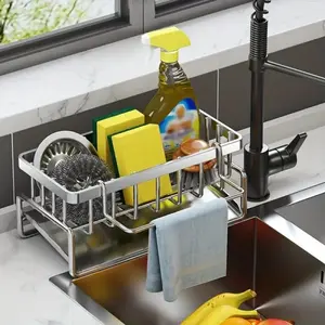 Stainless Steel Self-Draining Sponge Holder - Rust-Proof, Odor-Control, Multifunctional Black Metal Drain Rack for Kitchen Sink Drying and Storage
