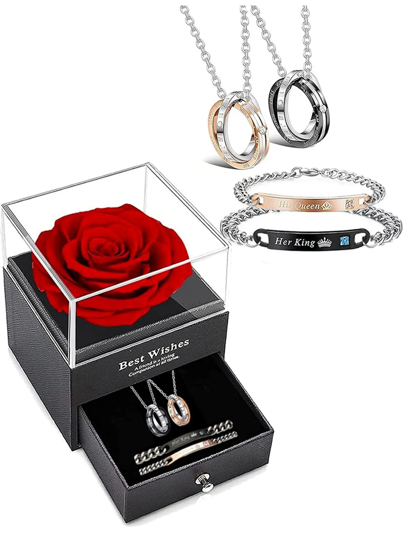 Couple's Promise Bracelet and Necklace Set with Soap Flower Gift Box, Personalized Couple Bangle and Chain, Valentine's Day Gift, Men Jewelry