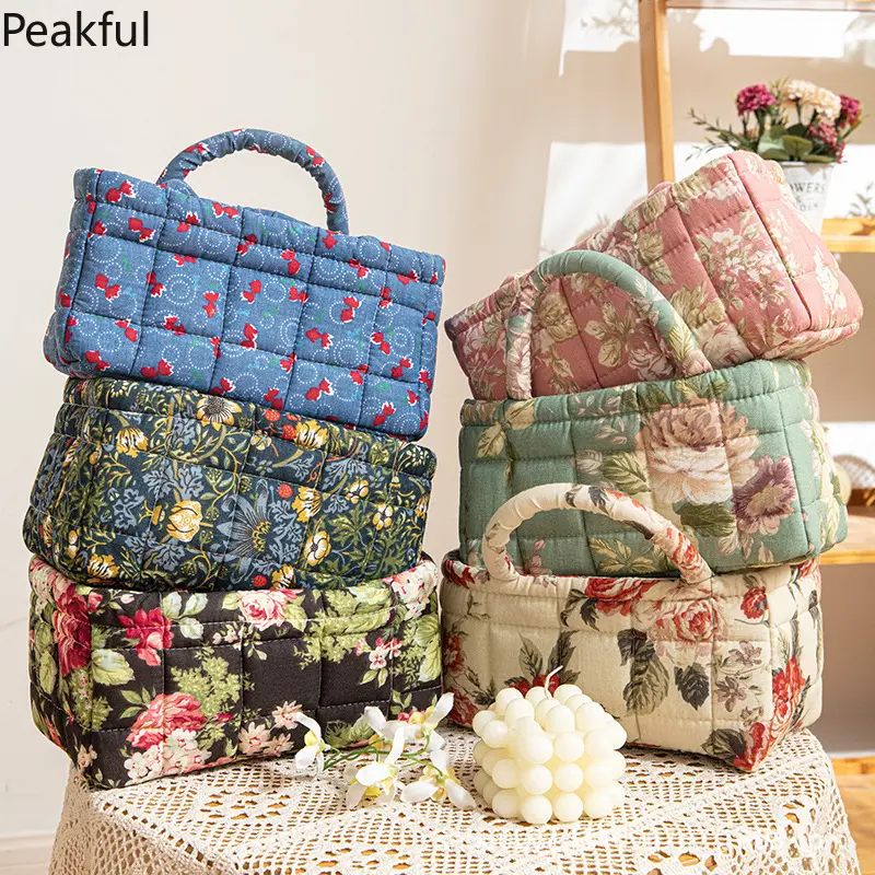 Cottagecore Floral Quilted Tote Bag, Trending Vintage Padded Canvas Handbag, Spacious Retro Flower Print Carryall, soft quilted fabric & roomy interior, perfect for daily errands, work, school and casual outings