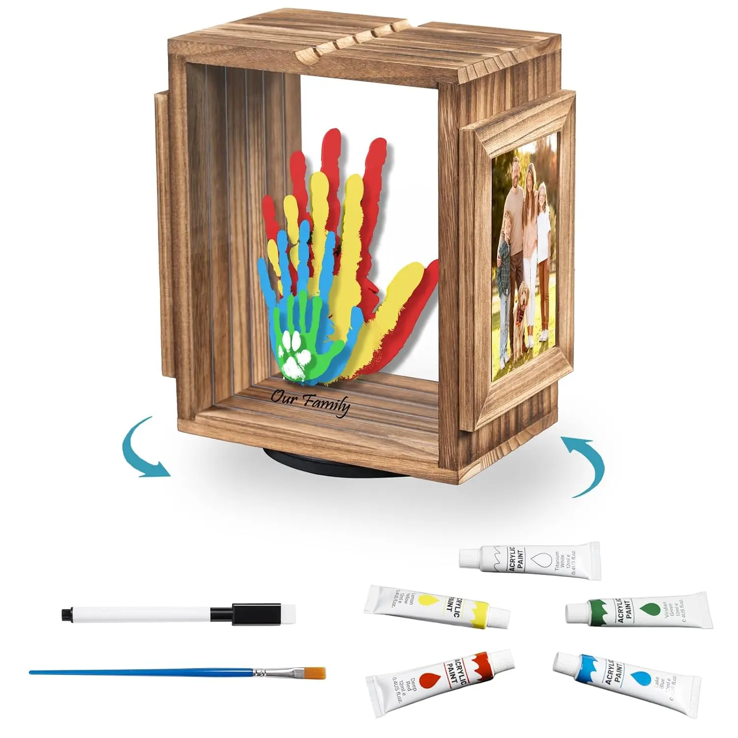 Family Handprint and Footprint Kit with Rotating Wooden Keepsake Frame, 2 Magnetic 4 x 6 Photo Slots and 5 Washable Paint Colors