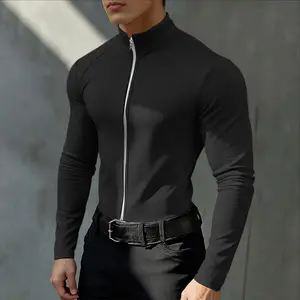 INCERUN Men's Black High-Neck Slim-Fit Full-Zip Muscle Compression Base Layer Winter Top - Athletic Fashion Activewear, Fitness Outfits, Gym Athletic Clothes, Gym Outfit Inspo,summervibes