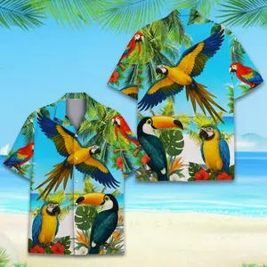 Tropical Parrot Hawaiian Shirt 100% Polyester, Colorful Macaw Toucan Print, Men Women Summer Luau Party Aloha Button Down Shirt