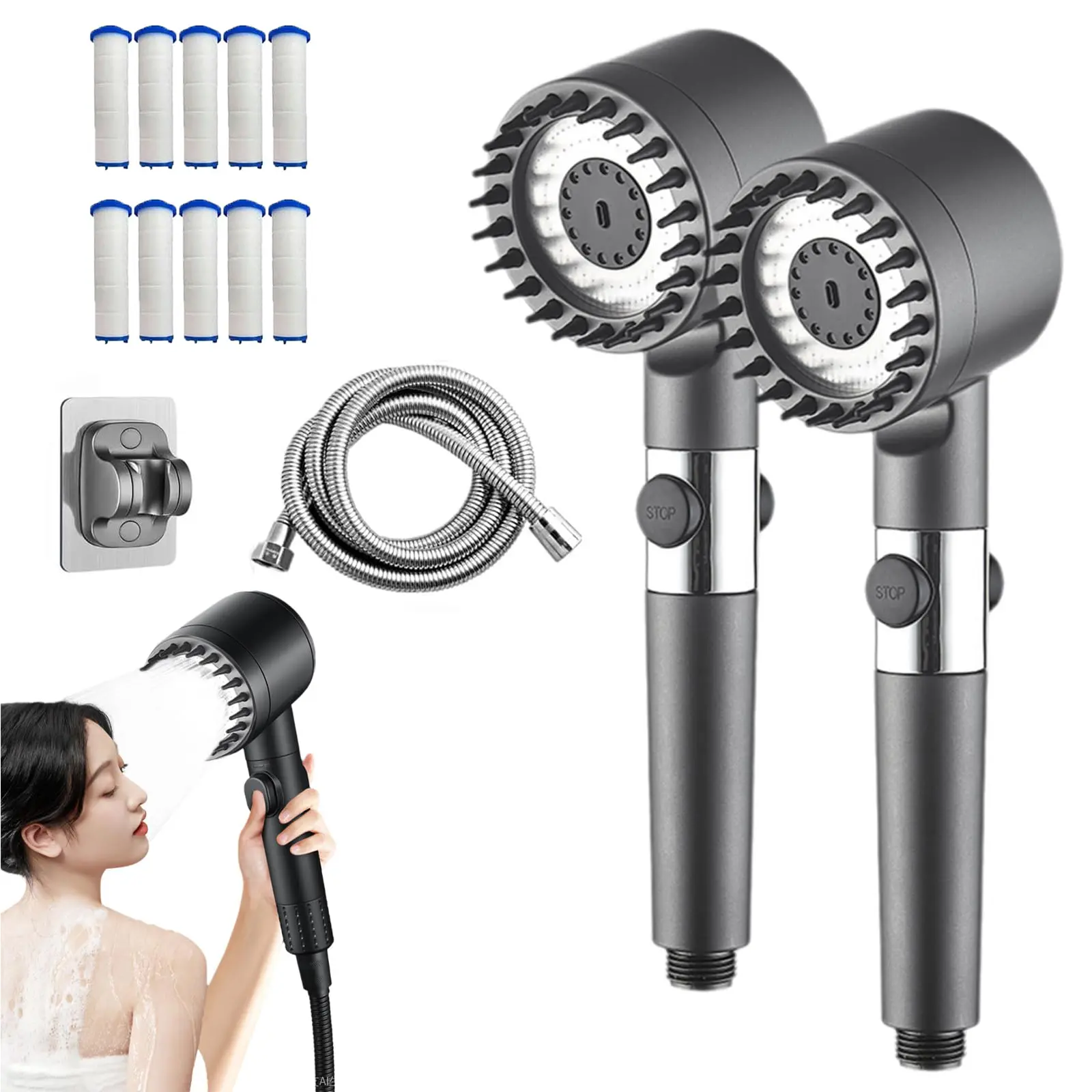Multifunctional Massage Shower Heads with Handheld | High Pressure Shower Head,Massage And Skin Beauty Multifunctional Shower, 3 Settings 4 in 1 Detachable Showerhead with 47" Hose, Bracket and 6 Filter Cartridges
