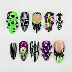 Beetlejuice Inspired Press On Nails, Neon Green Purple Black Stripes 3D Eyeballs Slime Textures And Gothic Details, Long Stiletto Shape, Gift For Women Girls Teens, For Halloween Cosplay Parties Alt Fashion Creative Aesthetic, Gothic Horror, Gifts For Her