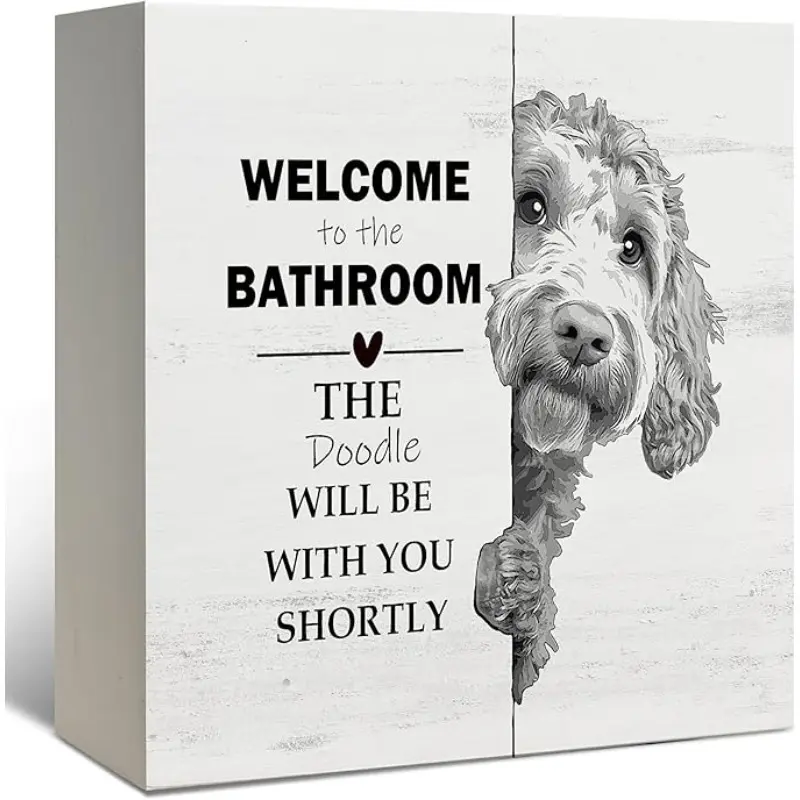 Goldendoodle Bathroom Decor, Home Decor Products, Goldendoodle Gifts Black and White Golden Doodle Dog Wooden Box Sign, Welcome Sign, Wood Signs for Bathroom Counter Shelf Wall Decoration 5x5 Inch Bathroom Decorations, Home Decoration