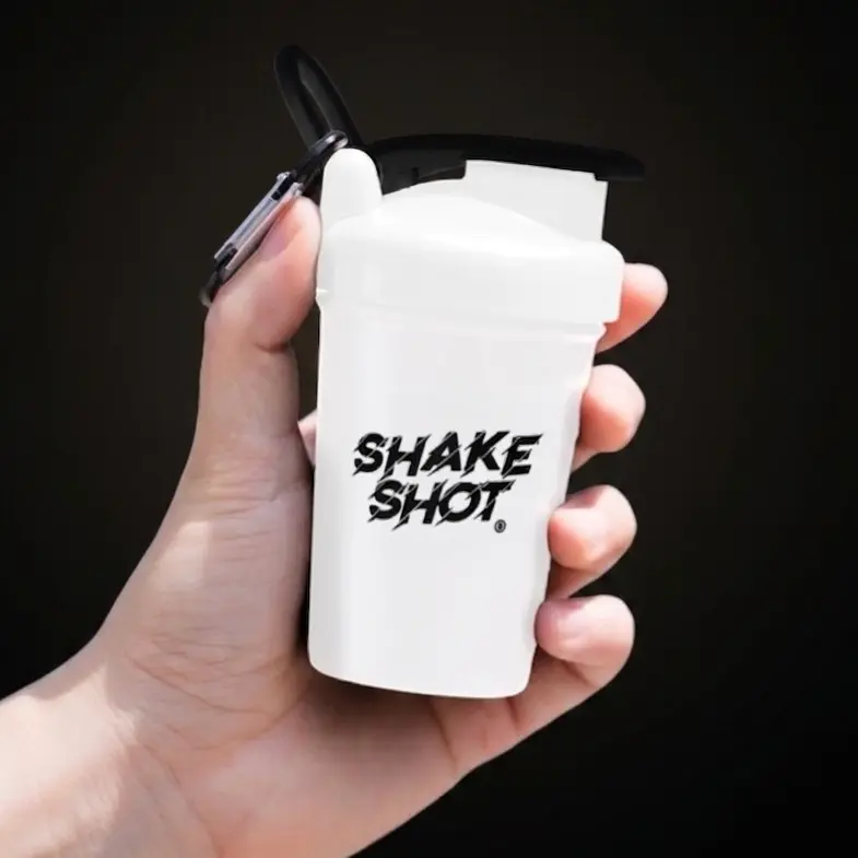 Shake Shot White Mini Shaker Bottle - 4 oz Pink BPA-Free Sports Bottle with Shaker Ball Mixer, Carabiner Clip, Portable for Creatine, Gym Bag, Travel, Veteran Owned Pre Workout Cup