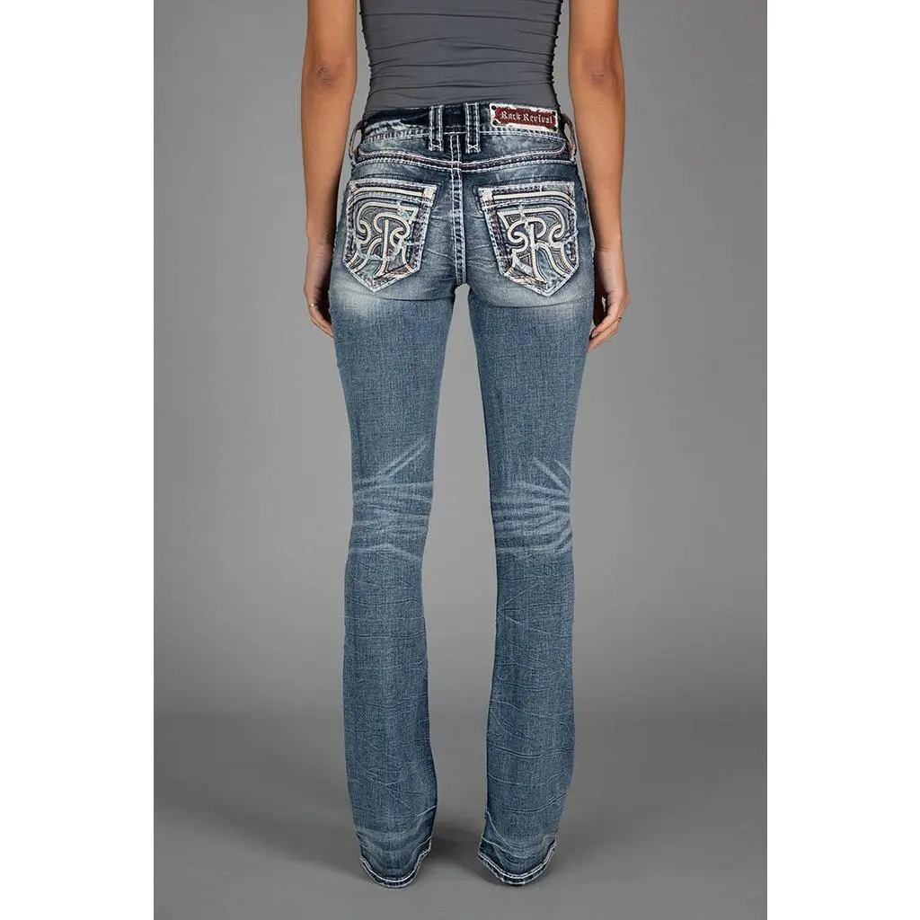 Rock Revival Women's Maisie Mid Waist Bootcut Jeans in Medium Wash Stretch Denim with Fleur-de-Lis Embroidery, Flared Jeans, Piece, Bottom, One Piece, 2000S Jeans