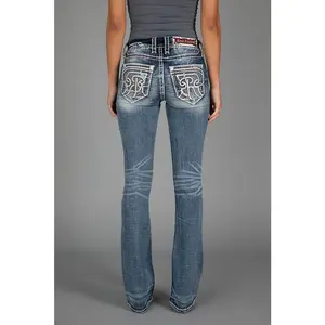 rr Women's Fitted Flared Bootcut Custom Jeans - Flower Embroidered Pockets, Leather Hem Women's Clothes