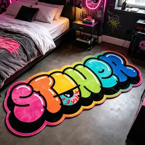Neon Gradient Graffiti Letter Rug, Soft Comfortable Mat, Hand Wash Only, Ideal for Living Room, Bedroom, Bathroom, Kitchen, Hallway Decor, Home Decorative Rug