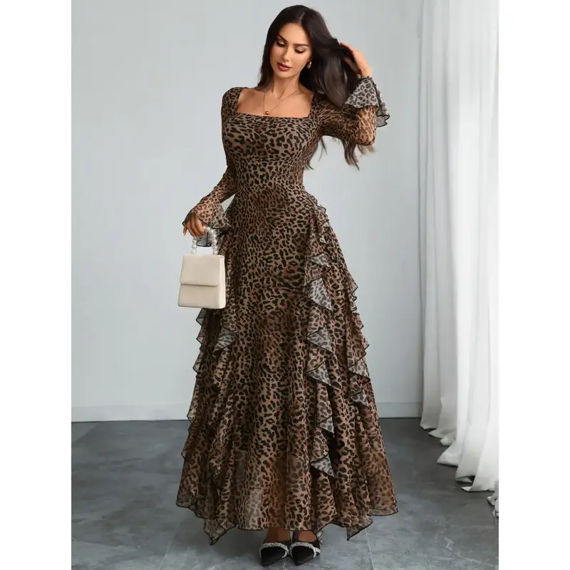 green emerald velvet dress Rhea Square Neck Leopard Print Midi Dress Brown
