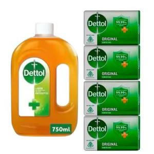 Dettol Liquid 750mL & 4 Bars Soap Original 100gs Each ( More Options Of Soap To Choose From) Fresh, Skincare, Cool, Re-energize, Lasting Fresh or Original Soap Cleansing