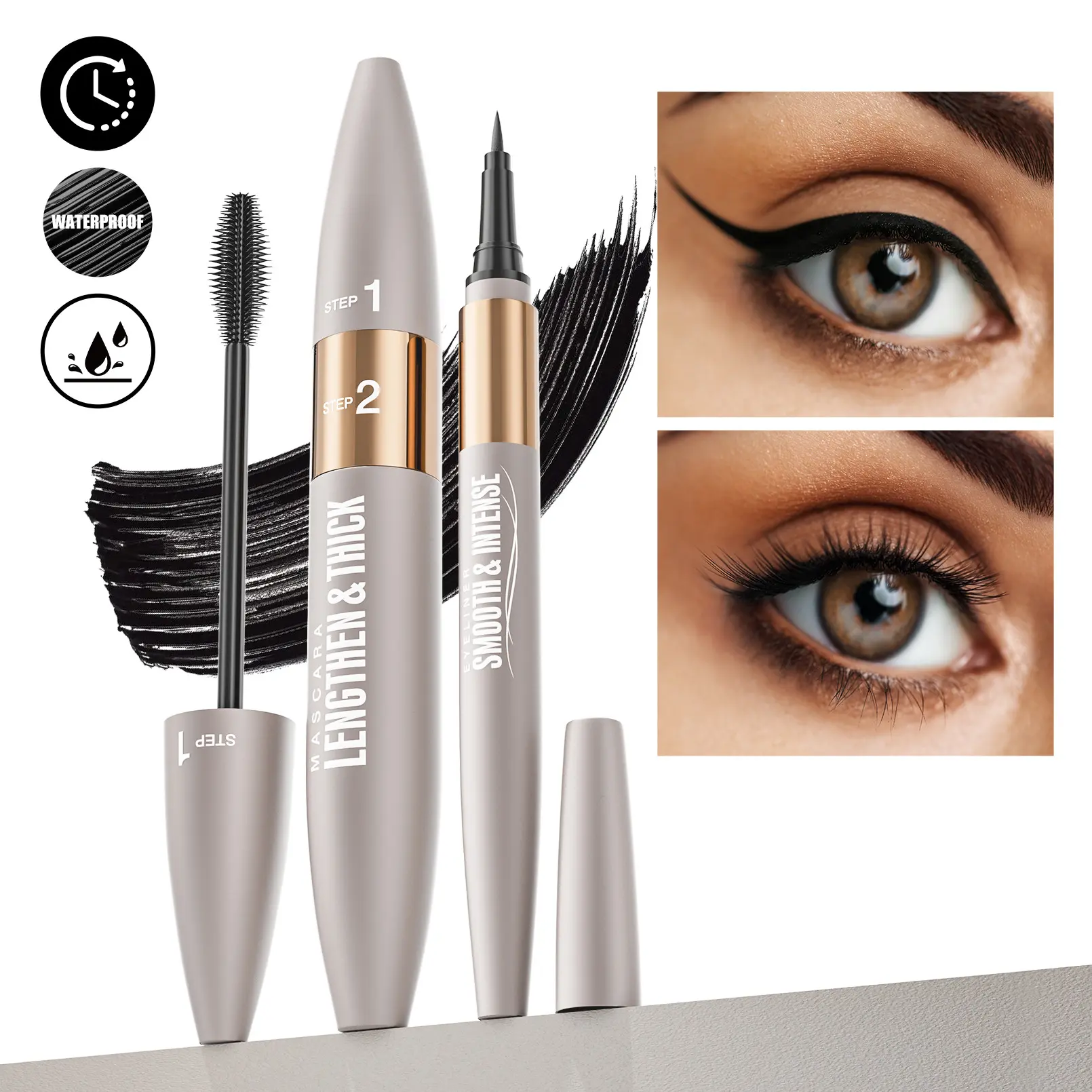 Youth Combination Dense Lash & Eyeliner Cosmetic Set - Curl Enhancing, Waterproof, Sweatproof, Smudgeproof, Lightweight, Smooth Line, Contour Brush Included - Enlarged Eyes Eye Makeup for Beginners