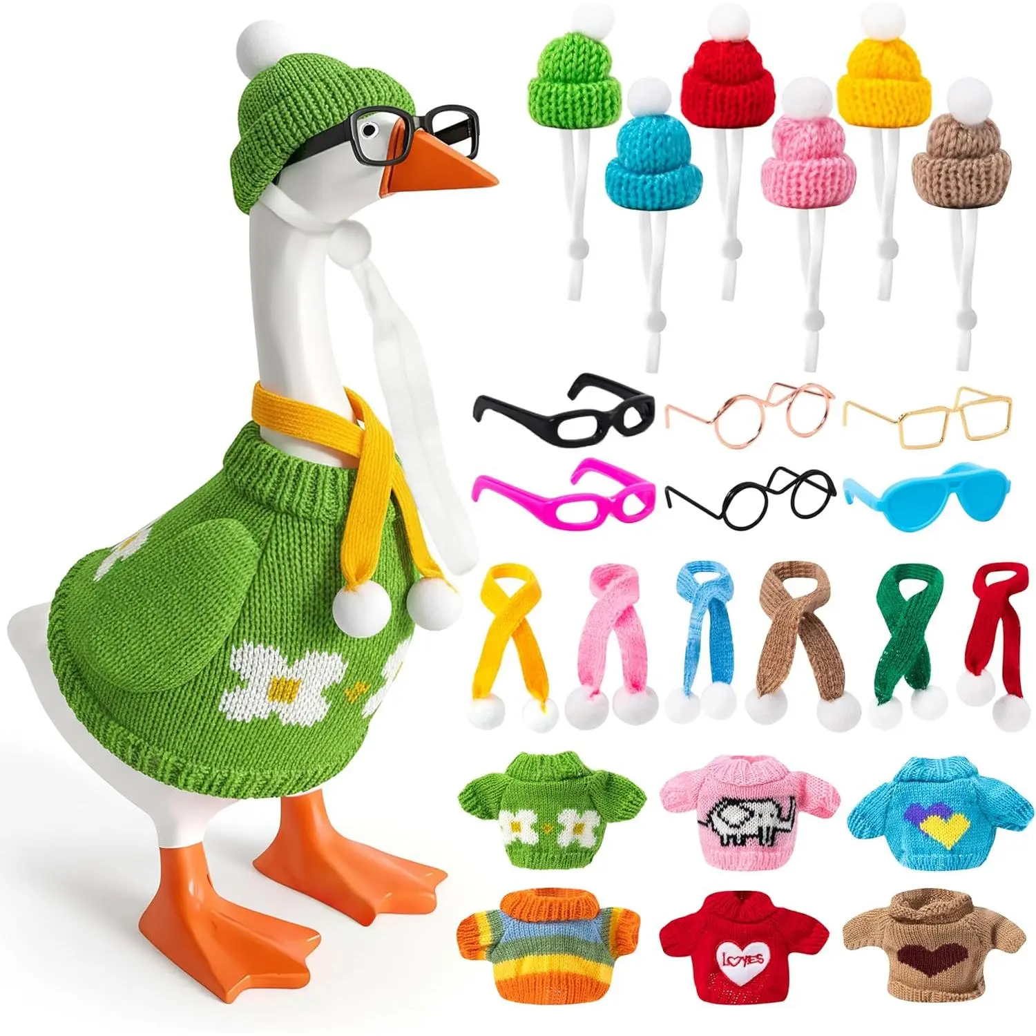 24Pcs 7in Mini Goose Knitting Costume Parts Miniature Set - Desk Accessory with Hats, Sweaters, Sunglasses, Scarves for Magnetic Silly Geese Keychain, Outdoor Porch Statues Decor