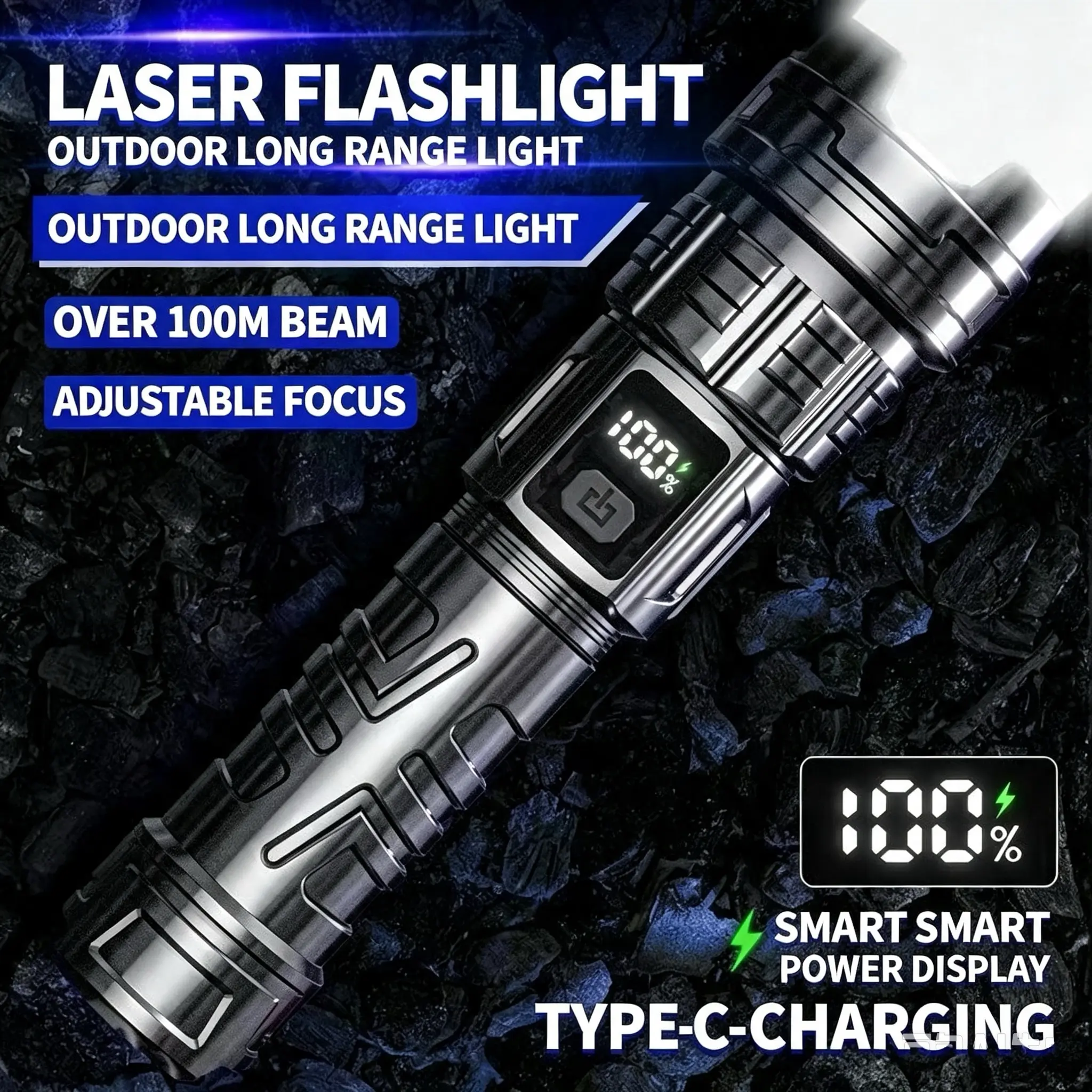 Ultra Bright White Laser Flashlight, Zoomable Long Range Tactical Flashlight with Digital Power Display, Type-C Rechargeable Waterproof Hand Torch for Camping Hiking Emergency Outdoor Use