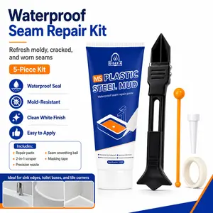 Waterproof Seam Repair Kit, 5-Piece Bathroom & Kitchen Gap Filler Paste with 2-in-1 Scraper, Precision Nozzle, Seam Smoothing Ball & Masking Tape, White Caulk Repair for Sink, Toilet Base, Tile Corner, Bathtub Edge Interior