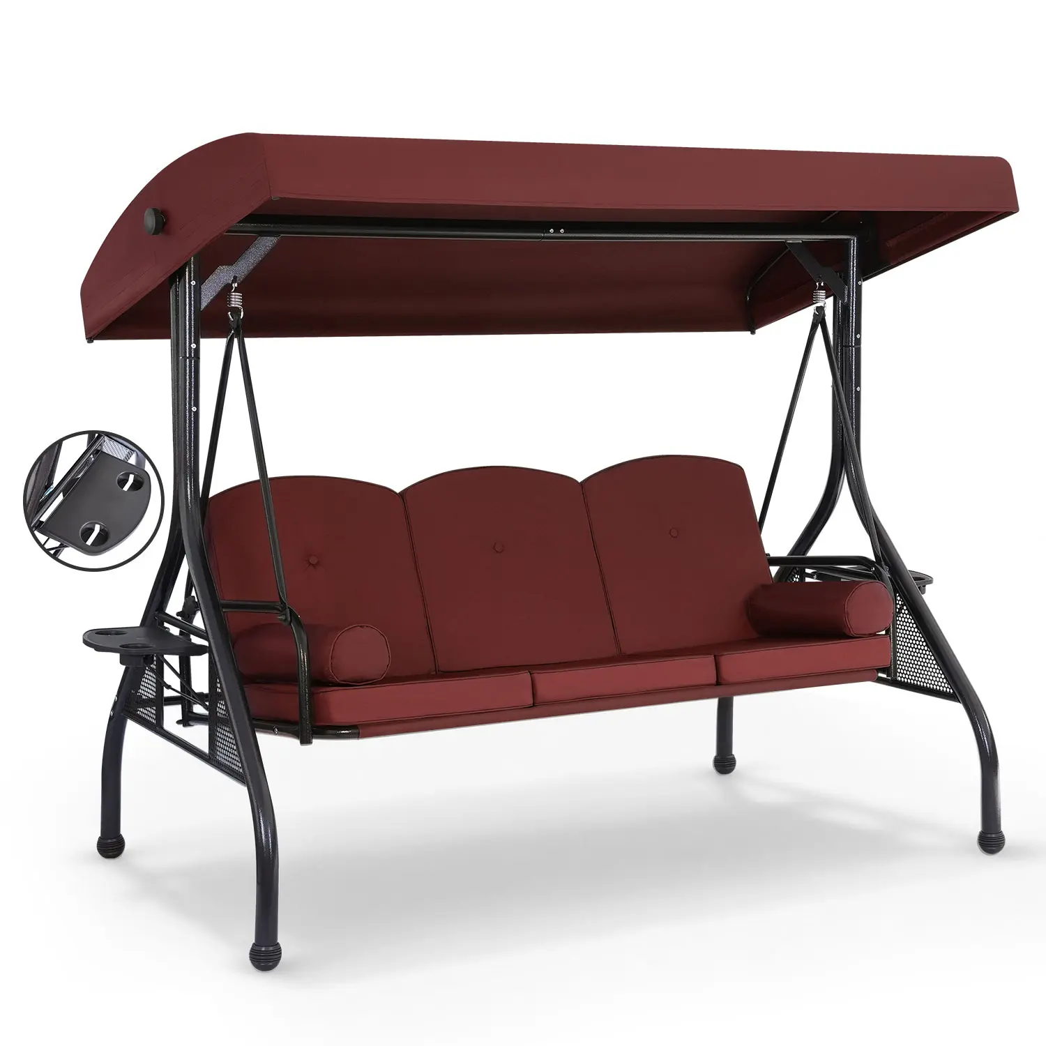JONPONY 3-Seat Iron Frame Outdoor Patio Swing Chair with Stand, 800LBS Stable Capacity, 2-in-1 Convertible Swing Bed, Adjustable Canopy, Removable Deep Cushions, Cup Holders, Easy Setup for Yard Garden Deck, Three Seats