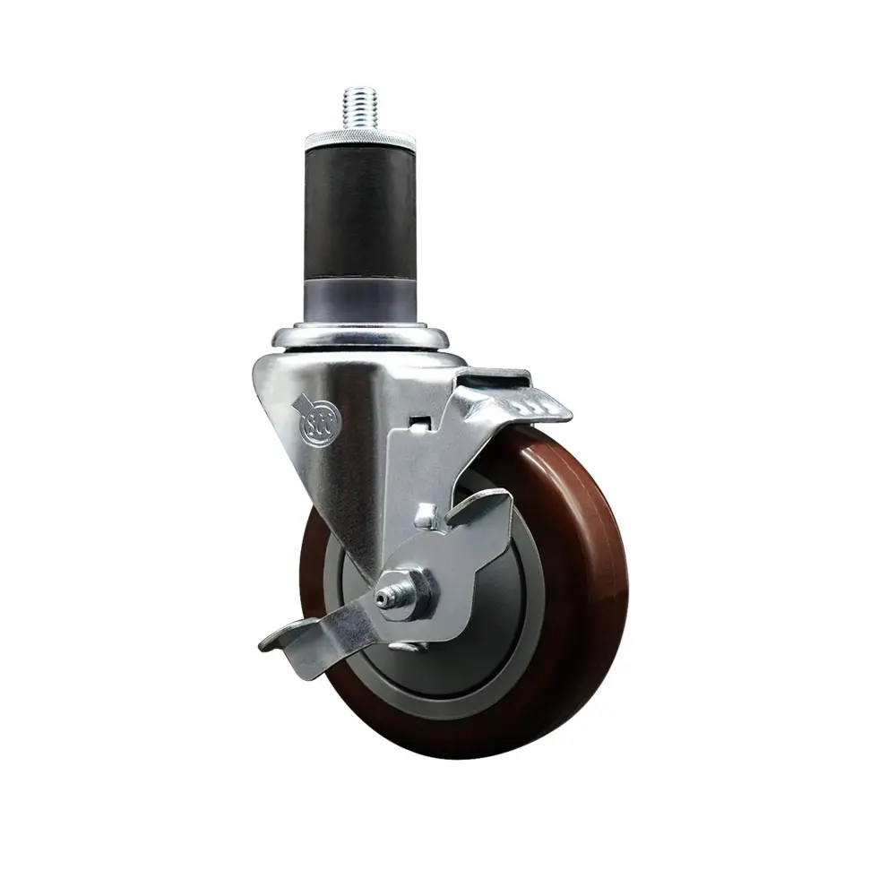 Service Caster SCC-EX20S414-PPUB-MRN-TLB-158 Heavy Duty Lockable Swivel Furniture Moving Wheel, Polyurethane Expanding Stem (1.63 in.), 4 in. Maroon Swivel Wheels, Top Locking Brake, Lockable Wheels