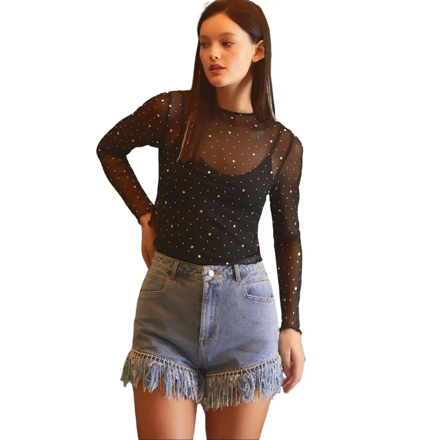 Black Rhinestone Sheer Mesh Slim Fit Long Sleeve Top