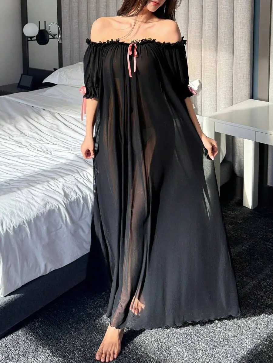 Sexy Outfit Glamine Women's Attractive Long Nightgown Featuring Sheer Mesh and Off-Shoulder Ruffle Hem Pajama for Elegant Summer Loungewear