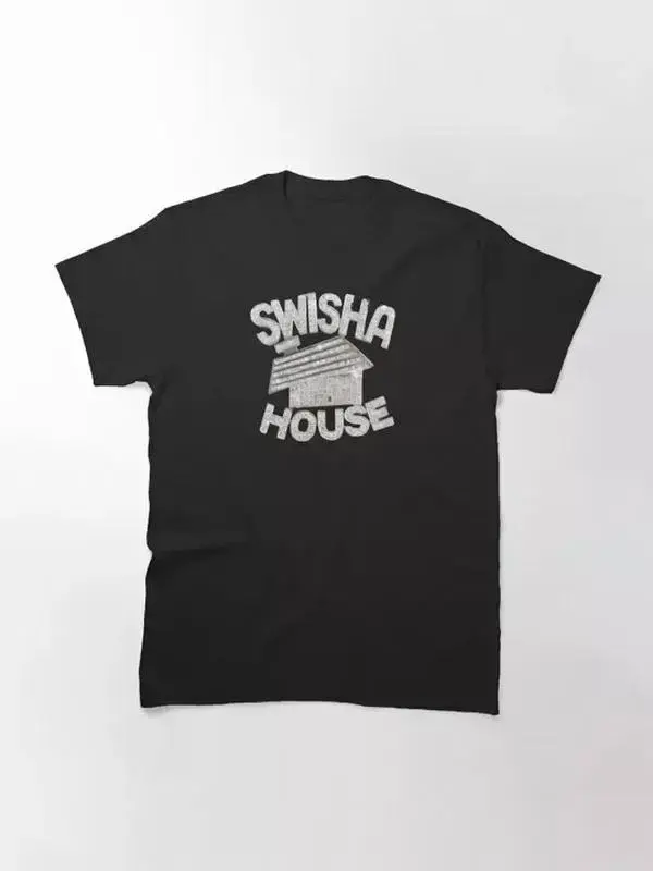 SWISHA HOUSE T-Shirt - Crew‑neck short‑sleeve top with arched text and tiny‑house graphic print, retro hip‑hop themed unisex everyday shirt